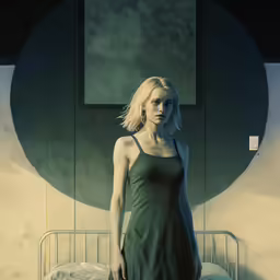 a woman in green dress standing on a bed