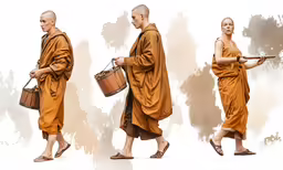 man in robes holding different baskets in a line
