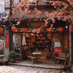 a store with orange lanterns and wooden benches