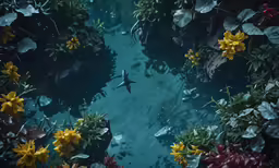 a group of birds swimming in the water with trees and plants around