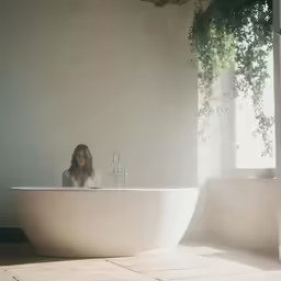 a woman standing in front of a large bath tub