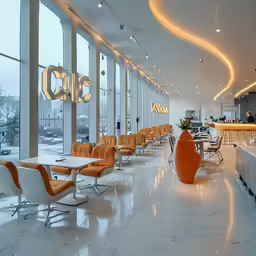 a very long room with chairs, tables and windows