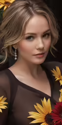 the blonde woman has sunflowers on her shoulder