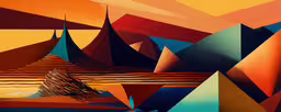 a painting depicting geometric shapes in multicolors,the abstract painting of a building with many colors