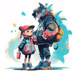 a drawing of a man and girl with a dog