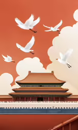 there is an asian pagoda with white birds in it