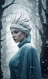 a woman in a head scarf stands near trees