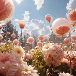 a bunch of flowers sitting in a field with bubbles