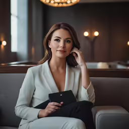 woman sitting on a couch and holding a small tablet