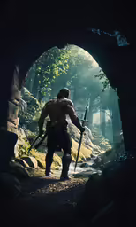 the man in the cave is carrying his sword and standing