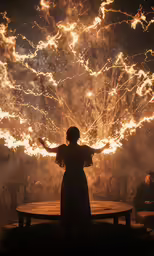 the silhouette of a woman with her arms outstretched watching a fireworks display