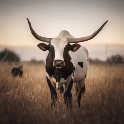 a cow stands alone in tall brown grass