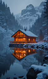 the log cabin in front of a mountain lake with snow around it and a mountain reflection on the water