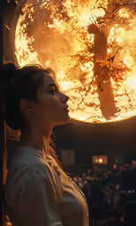 a woman standing in front of a giant ball of fire