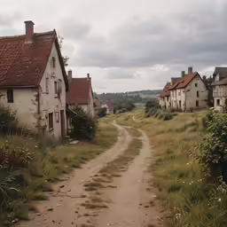 an empty road in front of old houses with grass and bushes