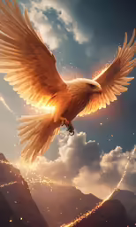 a golden bird flies toward the camera with its spread wings