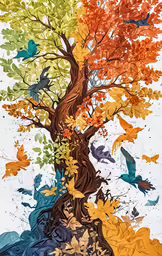 an artistic painting of tree with birds flying by it