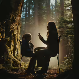 a person sitting in a chair and a child sitting on the chair in front of a forest