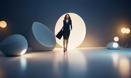 the woman is walking around in front of three lights