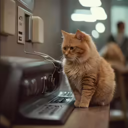 a small cat is standing on a telephone receiver