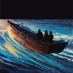 two people in a boat floating on waves