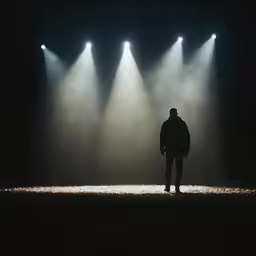 a person standing on a stage with three spotlights