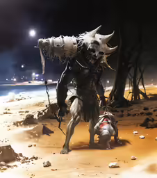 an animated image of a demon being pulled by a dog