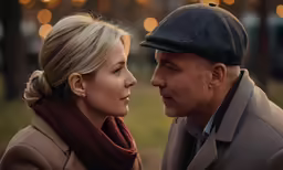 a man and woman are staring into each other eyes