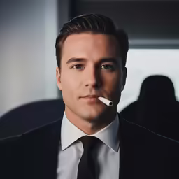man in suit smoking a cigarette while looking at camera