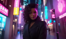 a girl standing in an alley at night with neon signs