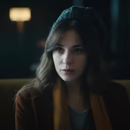 woman with dark hair in an orange cardigan