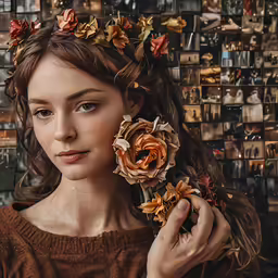 a woman with flowers in her hair and a wall with pictures