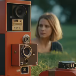 a woman in black shirt sitting in grass next to old camera