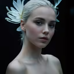 a woman is in the picture, she has flower in her hair
