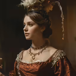 a beautiful woman in an antique dress looking over her shoulder
