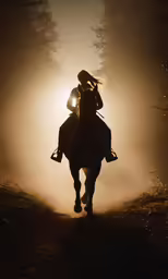 a man riding a horse through a forest on top of a foggy ground