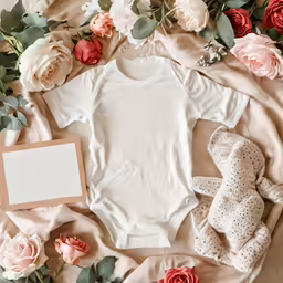 a white baby bodysuit next to pink roses