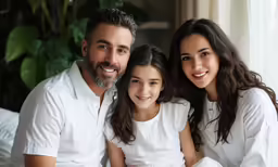 two adults and a child smiling in front of a window