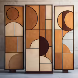 three pieces of stained glass with shapes in the background