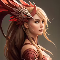 the girl is wearing armor and a red helmet