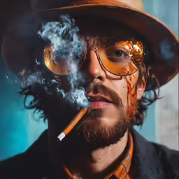 a man wearing shades, tie and glasses smoking cigarette