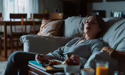 the woman lies in bed eating and drinking