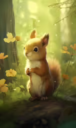 a cute little red squirrel is standing by a log,a painting of a squirrel sitting on a log