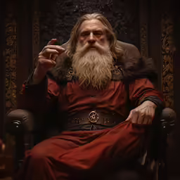 a bearded man with a long white beard is smoking in a chair