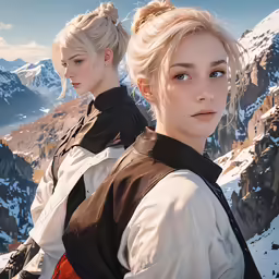 two people standing in front of a snowy mountain