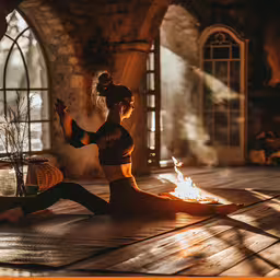 a woman kneeling on a mat in the middle of a room,a beautiful woman doing yoga in an indoor space