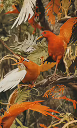 a couple of birds are standing on some trees