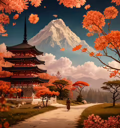an oriental landscape with red trees and a pagoda,painting of trees and pagodas and mountains with pink flowers