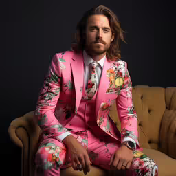 a man in a pink suit sitting on a couch,a man in a suit sitting on a couch