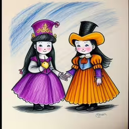 there are two children dressed up in their favorite costumes,drawing of a couple dressed as little girls in costumes